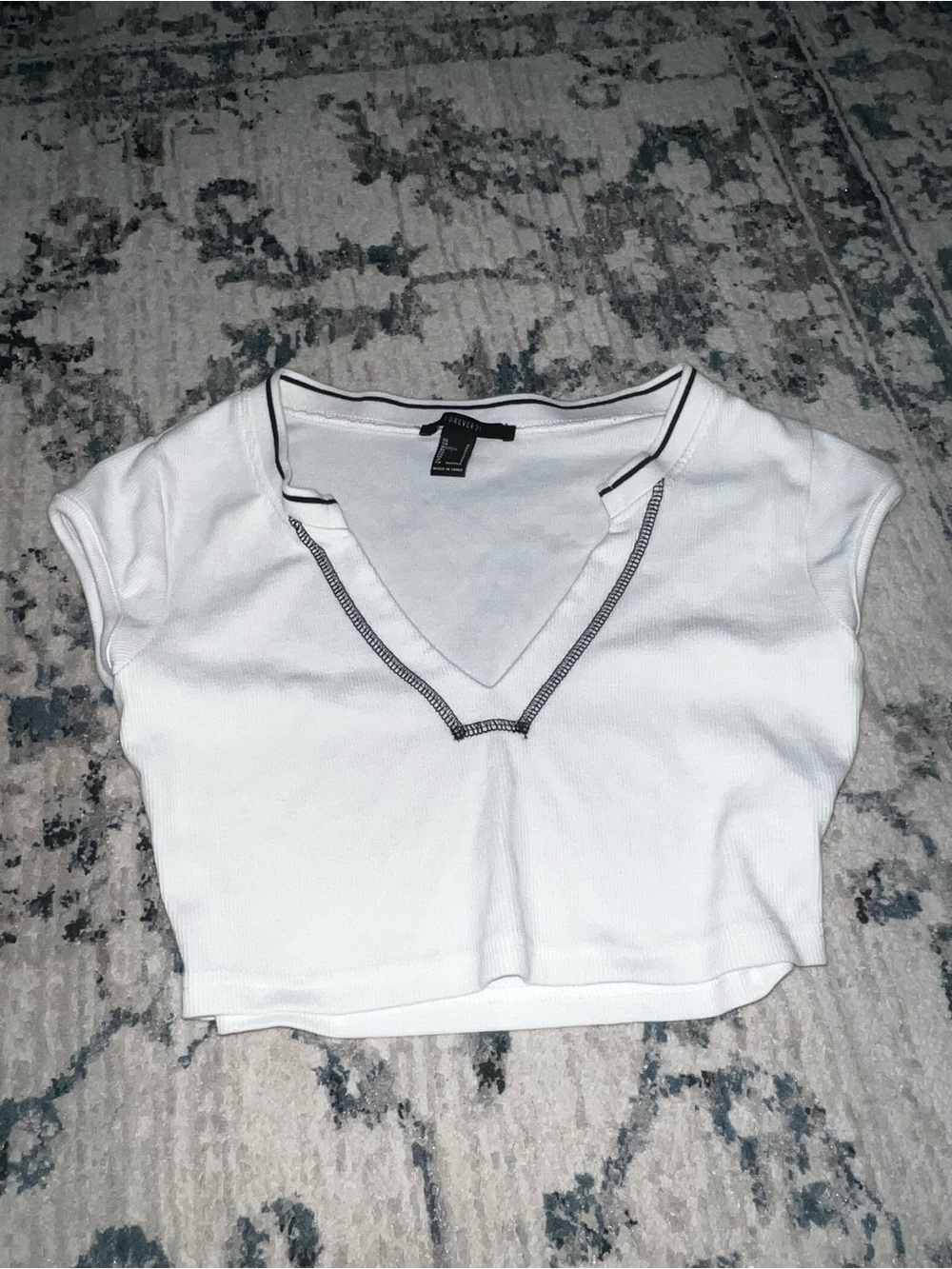 Ribbed White Top with Black Stitching
